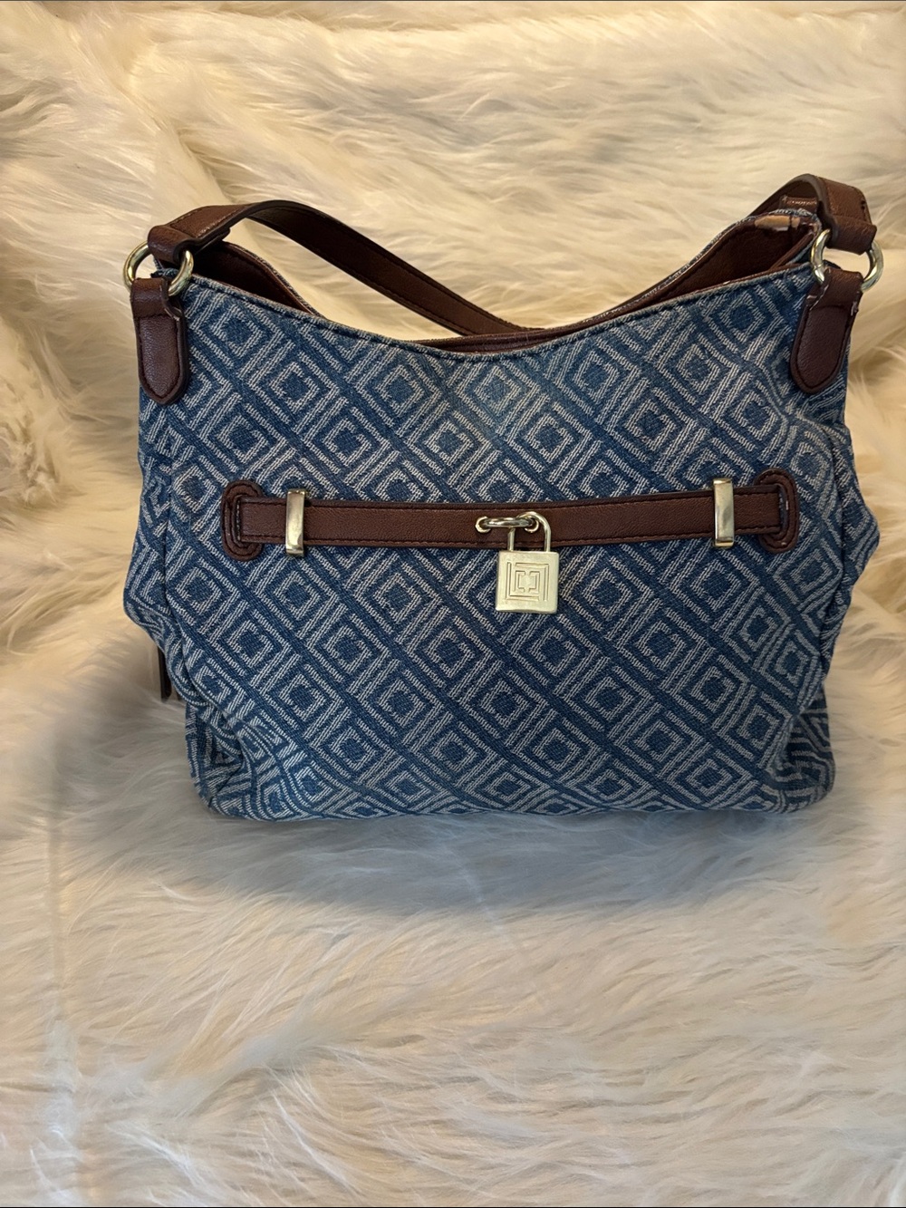 Liz Claiborne Denim Blue Geometric Jacquard Shoulder Bag with Brown Leather Trim